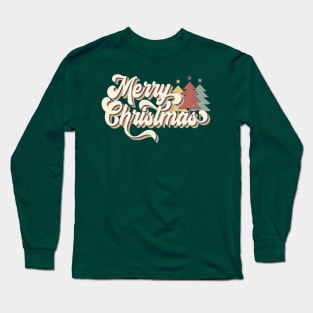 Retro Vintage 70s Merry Christmas Trees Typography Long Sleeve T-Shirt